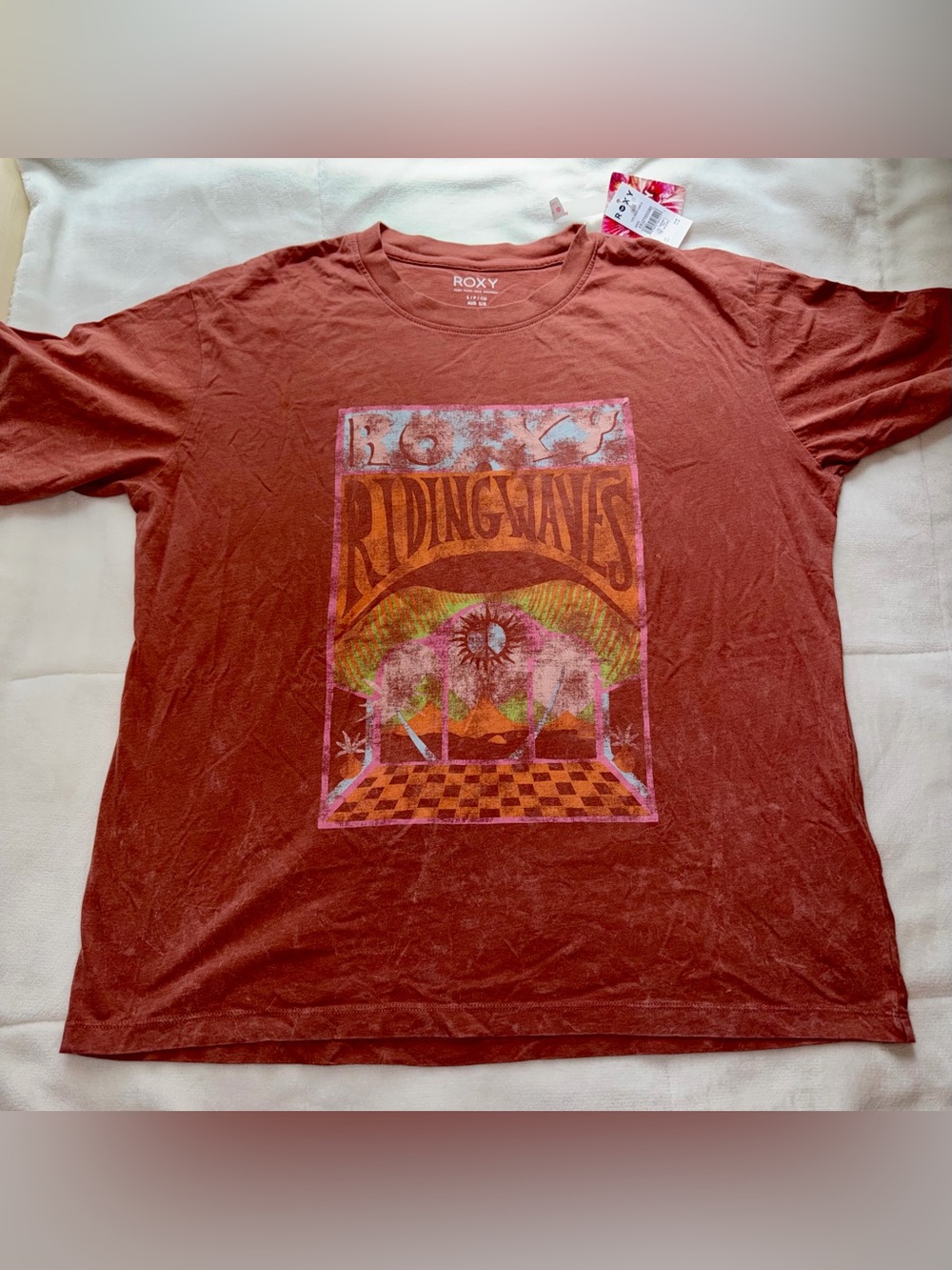 Roxy Rust Graphic Tee with Multicolor Retro Print